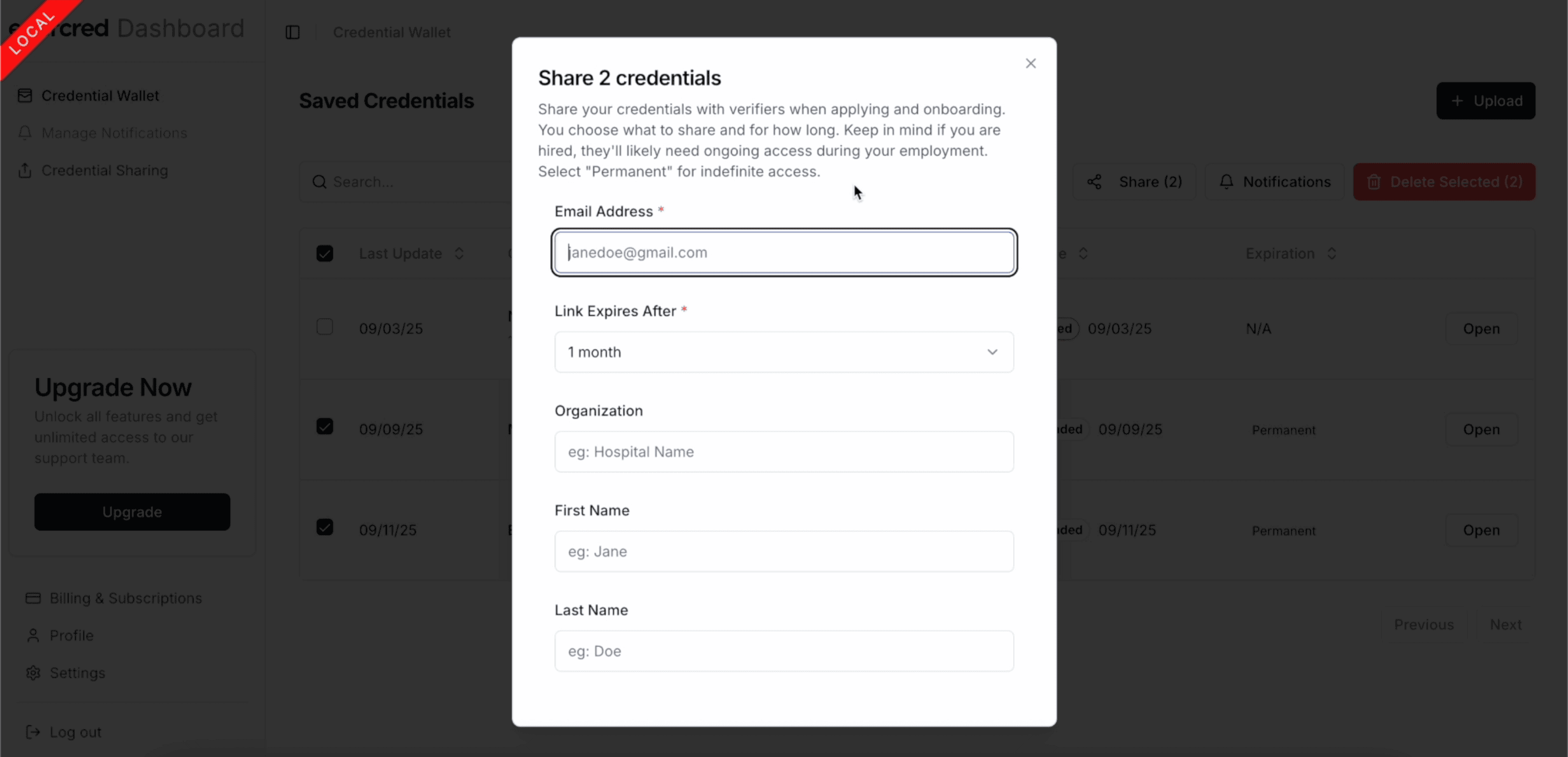 Evercred credential sharing flow