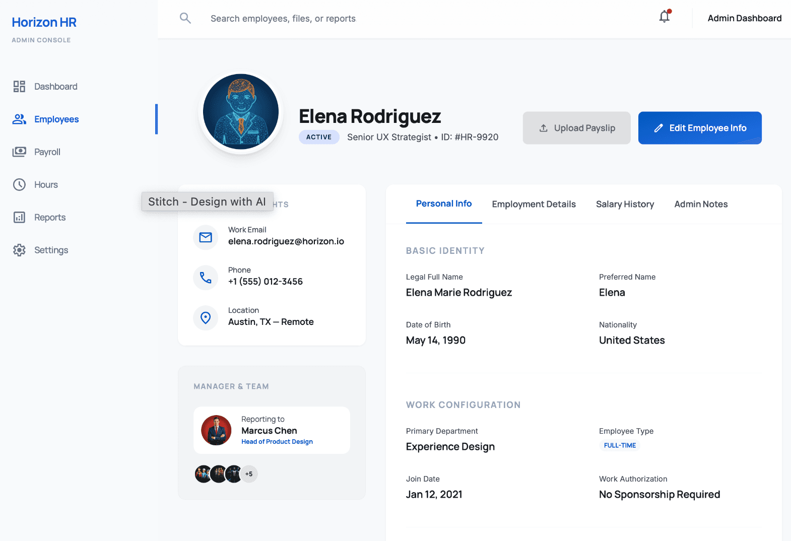HR Connect admin employee profile screen with personal and employment details