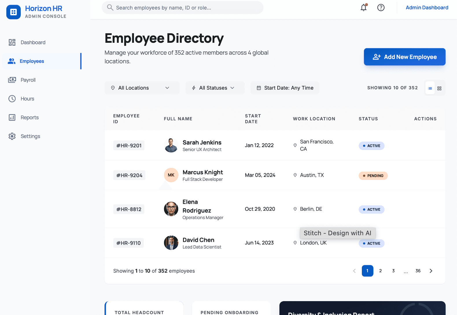 HR Connect admin employee directory screen for onboarding oversight
