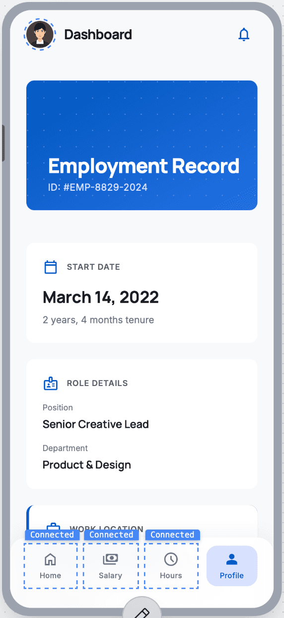 HR Connect employment record screen with start date and work location