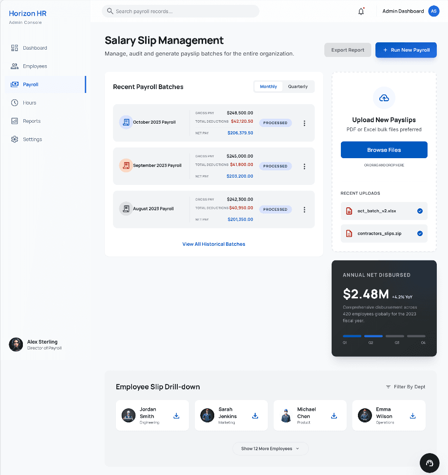 HR Connect salary slip management screen for payroll batch operations