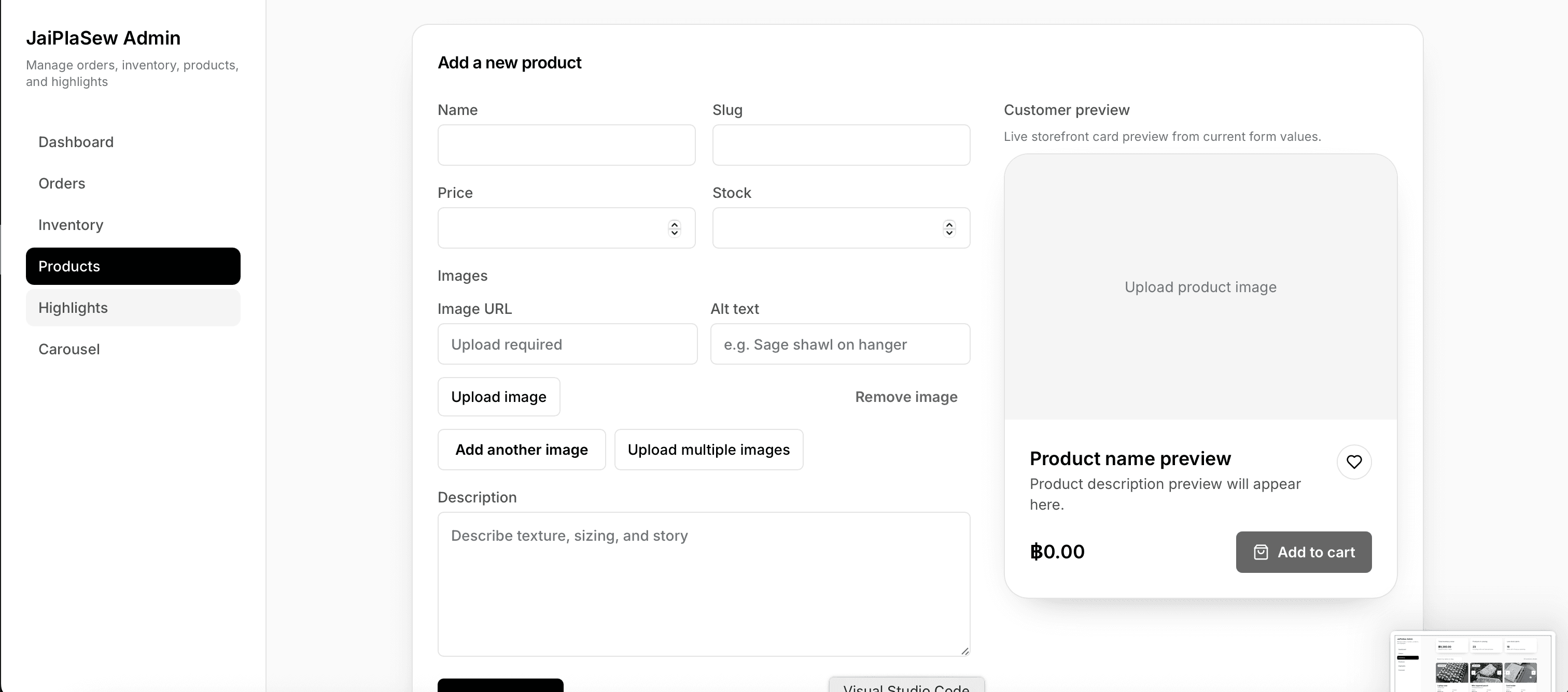JaiPlaSew add item screen for creating new sewing product entries