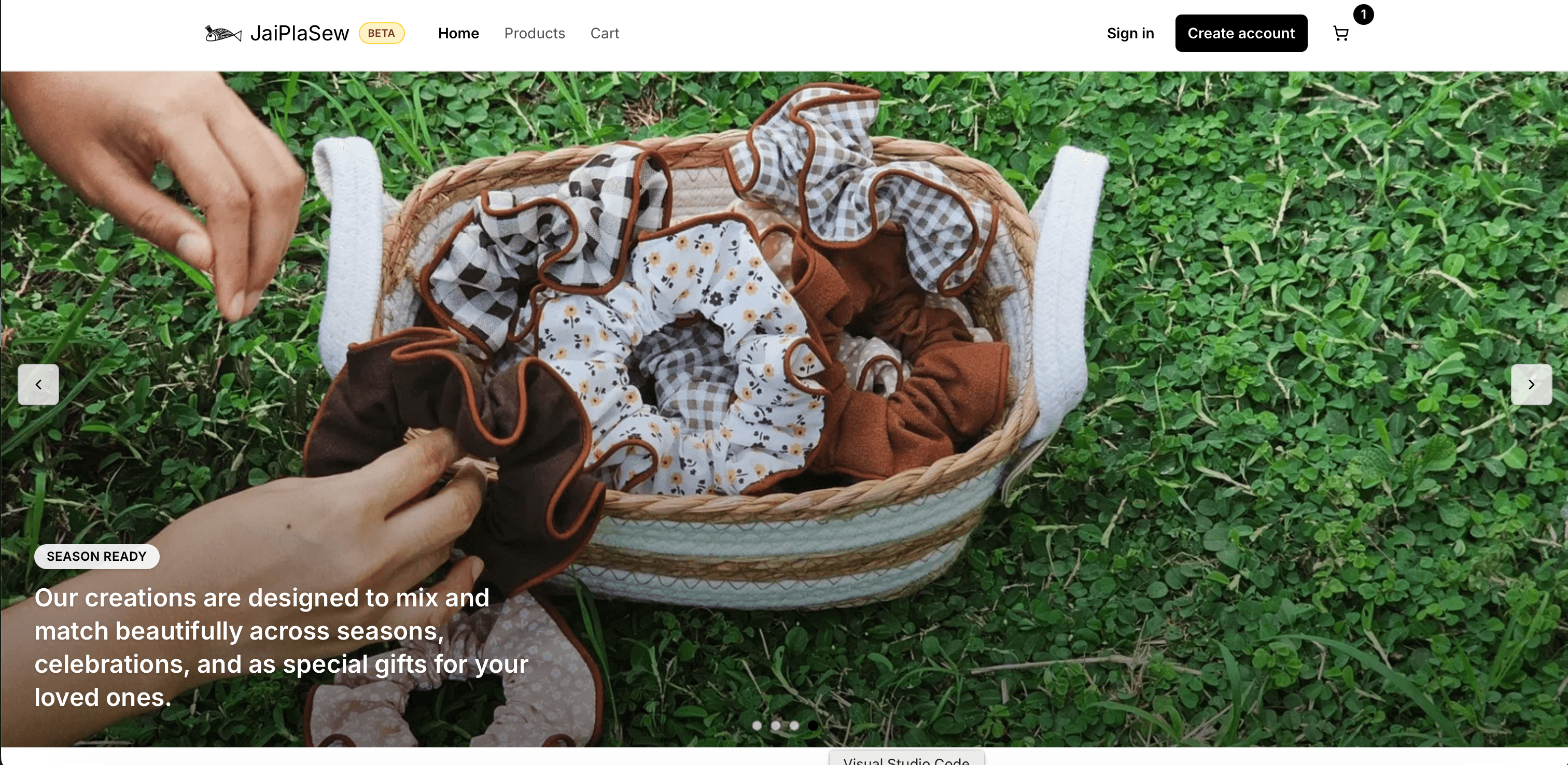 JaiPlaSew homepage hero with handmade sewing products