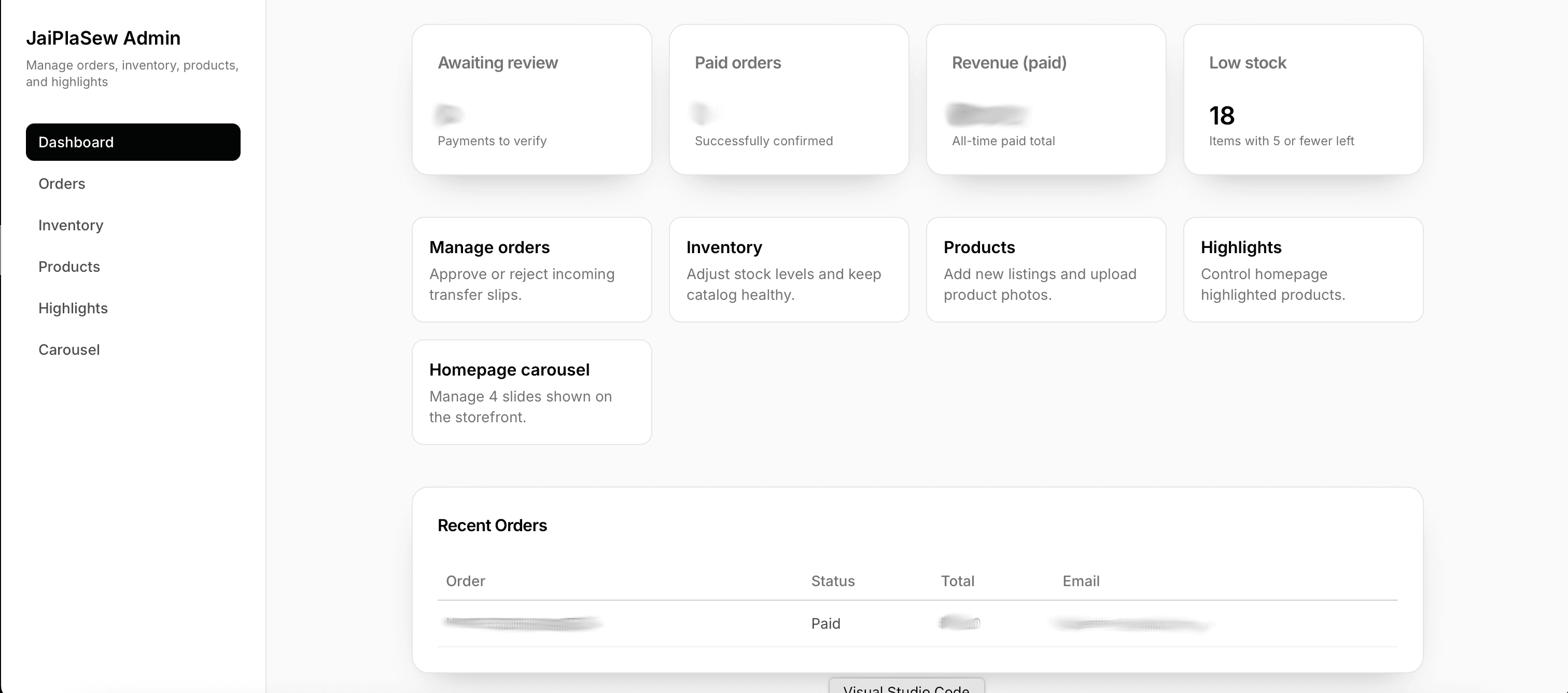 JaiPlaSew order management screen for store operations