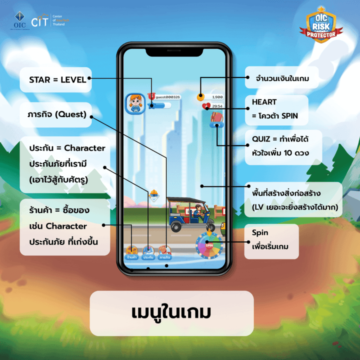 OIC Risk Protector game menu with quests, currencies, hearts, and spin trigger